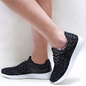 New Black Glitter Lace Up Sneakers